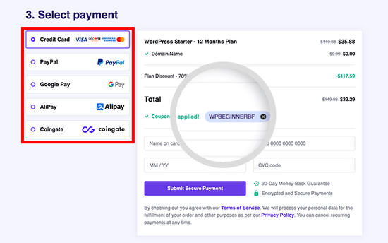 Enter payment information to complete Hostinger purchase