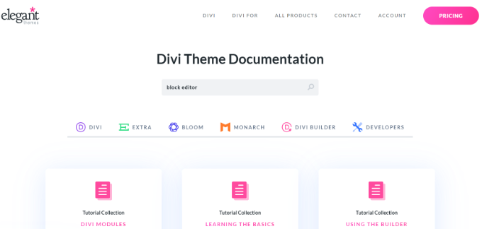 Search block editor in theme documentation