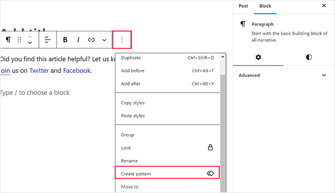 Select Create Pattern option