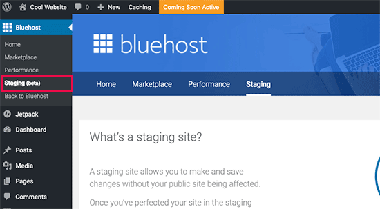 在 Bluehost 中创建暂存站点