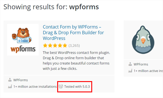Plugin WPForms testé avec WordPress 5.0 plus