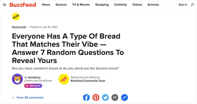 An example of a Buzzfeed quiz