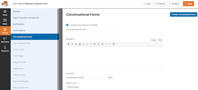 The Conversational Form WPForms addon
