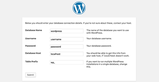 输入 WordPress 安装的数据库信息