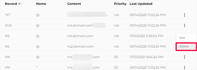 Deleting a DNS record on Domain.com