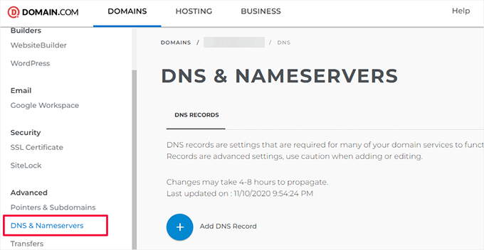 Domain.com DNS settings