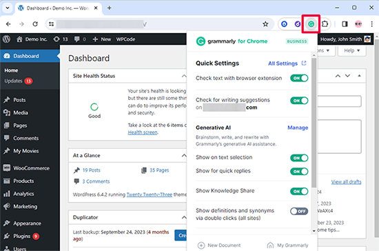 Grammarly extension settings