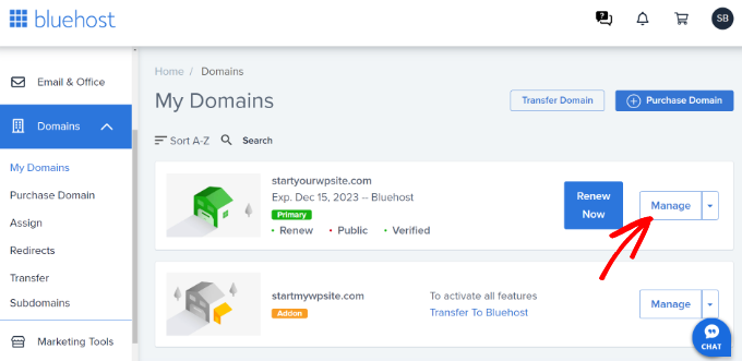 Manage your domain in Bluehost