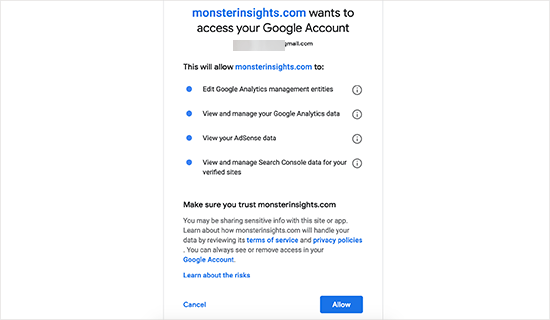 Autoriser MonsterInsights à accéder à votre compte Google Analytics