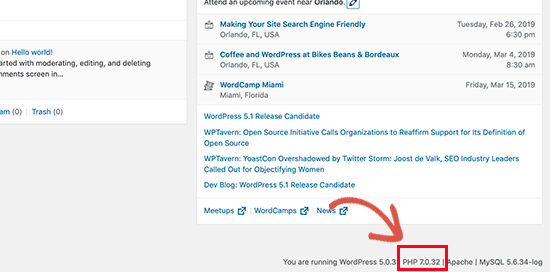 PHP version in WordPress admin dashboard