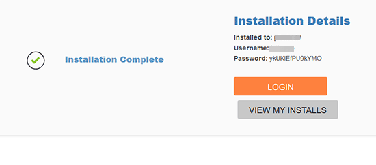 WordPress successfully installed using QuickInstall