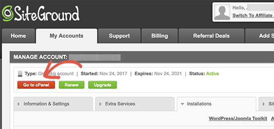 Visit cPanel dashboard in SiteGround