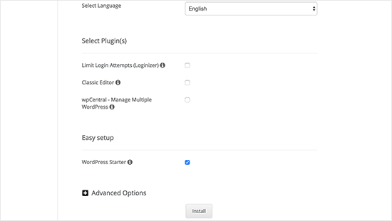 Optional WordPress settings in Softaculous