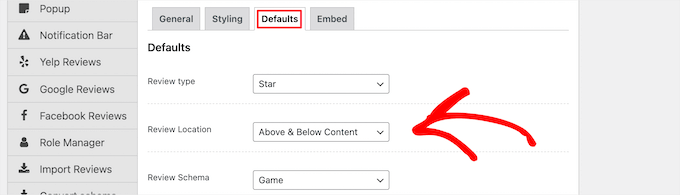 Change review box defaults