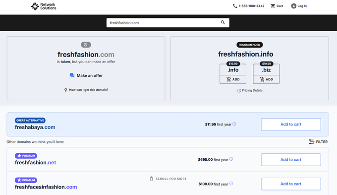 Network Solutions bloggnamnsökningsresultat