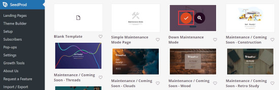 Select the maintenance mode template in SeedProd