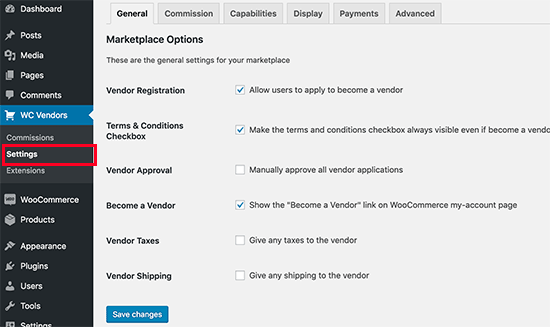 WC Vendors settings