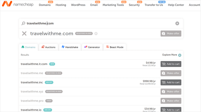 Namecheap bloggnamnsgenerator sökresultat