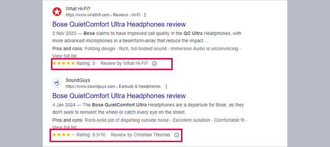Review snippet in search results