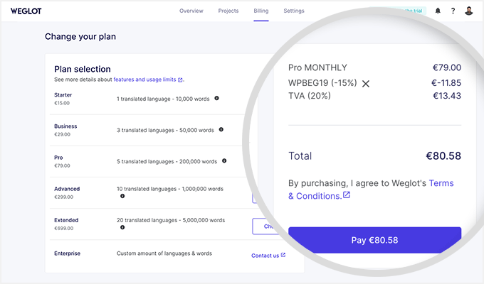 Código de desconto Weglot adicionado e novo preço após o desconto Código de desconto Weglot adicionado e novo preço após o desconto