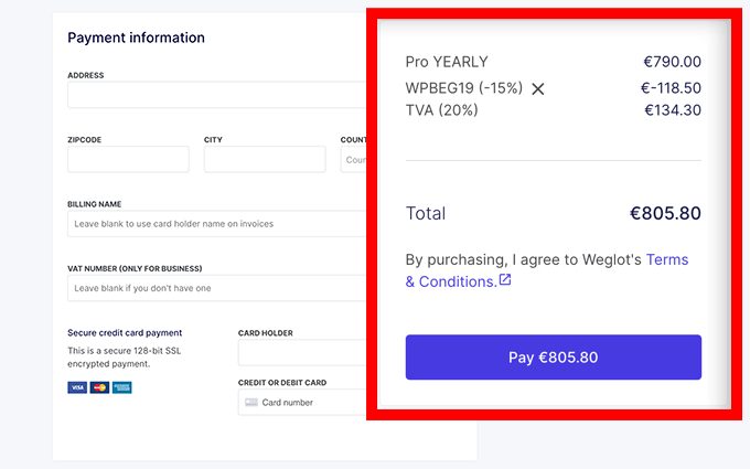 Detalhes de pagamento e checkout do Weglot Detalhes de pagamento e checkout do Weglot