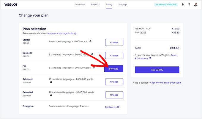 Plano de preços do Weglot Plano de preços do Weglot
