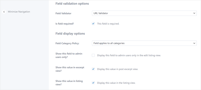 The field display options settings in Business Category plugin
