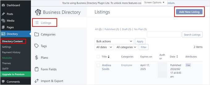 Adding a new listing in Business Directory plugin