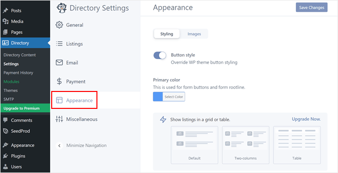 Business Directory plugin's appearance settings