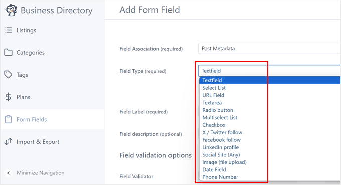 Choosing a field type in Business Directory plugin