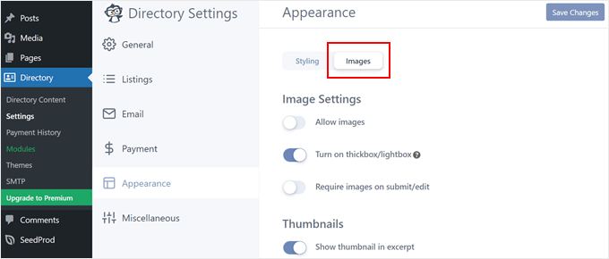 Business Directory's image settings