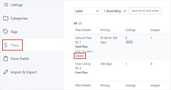 Deleting a plan in Business Directory plugin
