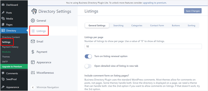 Business Directory's listing settings