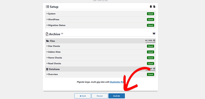 Duplicator build package button