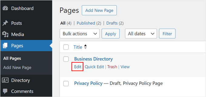Editing the default Business Directory page