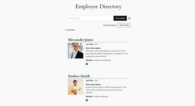 Example of staff directory page made with Business Directory plugin