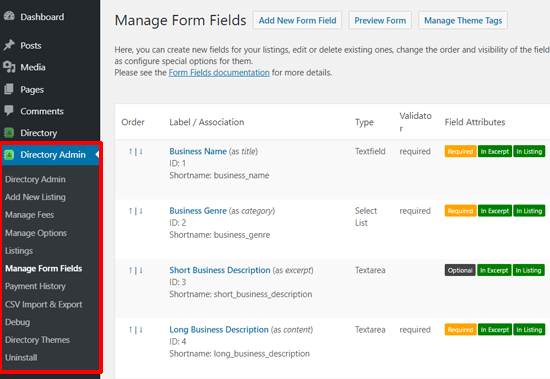 Manage Form Fields in Business Directory Plugin