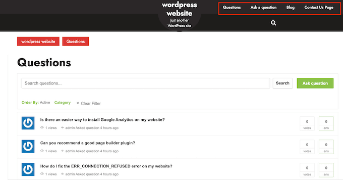 A WordPress menu with question and answer links