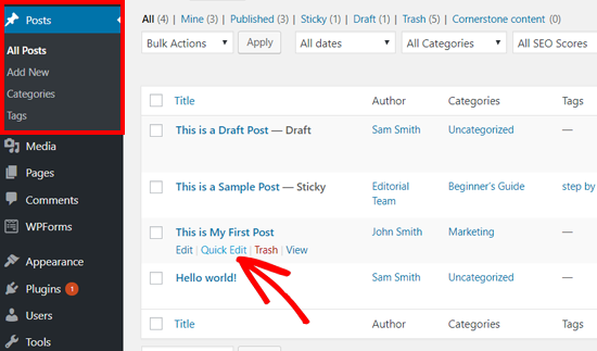 Quick Edit WordPress Post