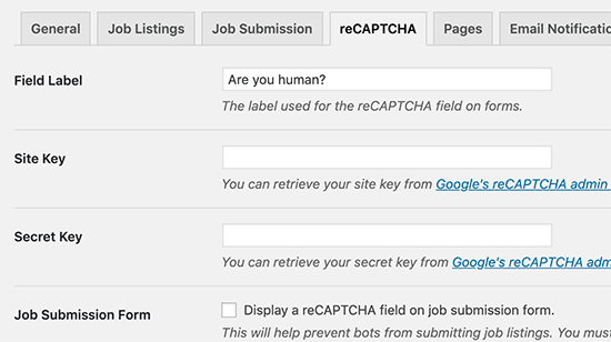 reCaptcha settings