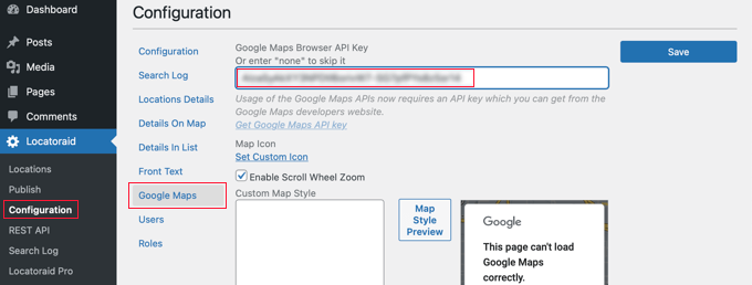 粘贴您的 Google 地图 API 密钥