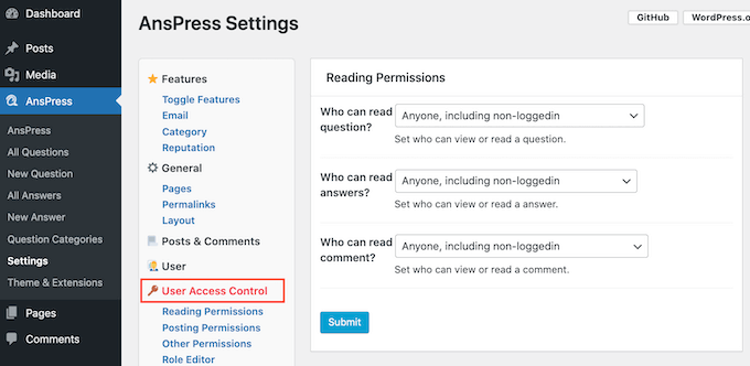 The user access control settings