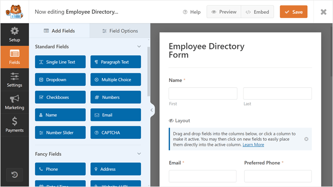 Editing the Employee Directory Form template in WPForms
