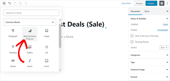  Ajoutez le bloc Produits BigCommerce à Votre publication