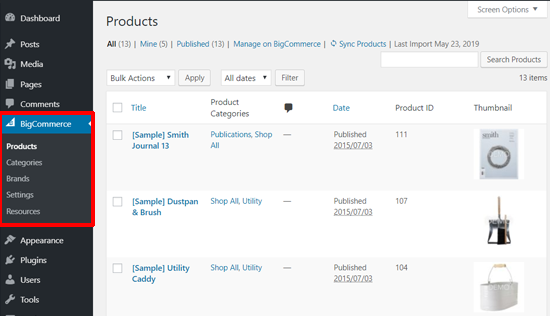 BigCommerce Sample Products in WordPress dashboard