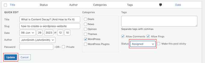 Changing a WordPress post status