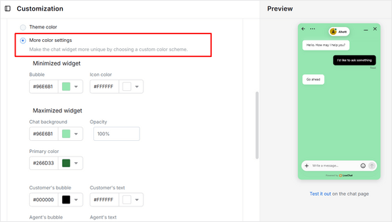 Changing the color settings in a live chat window Changing the color settings in a live chat window