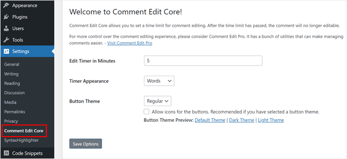 The Comment Edit Core plugin