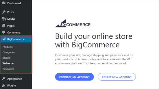  Anslut med BigCommerce-konto eller Skapa nytt konto