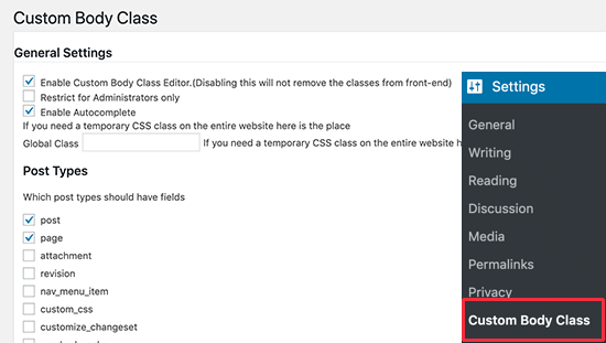 Custombodyclass Settings